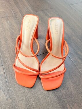 SCHUTZ Bright Orange Braided Strap Block Heel Sandals